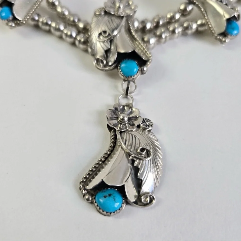 Sterling Silver 925 and Turquoise Floral Squash Blossom Necklace - Picture 11 of 16